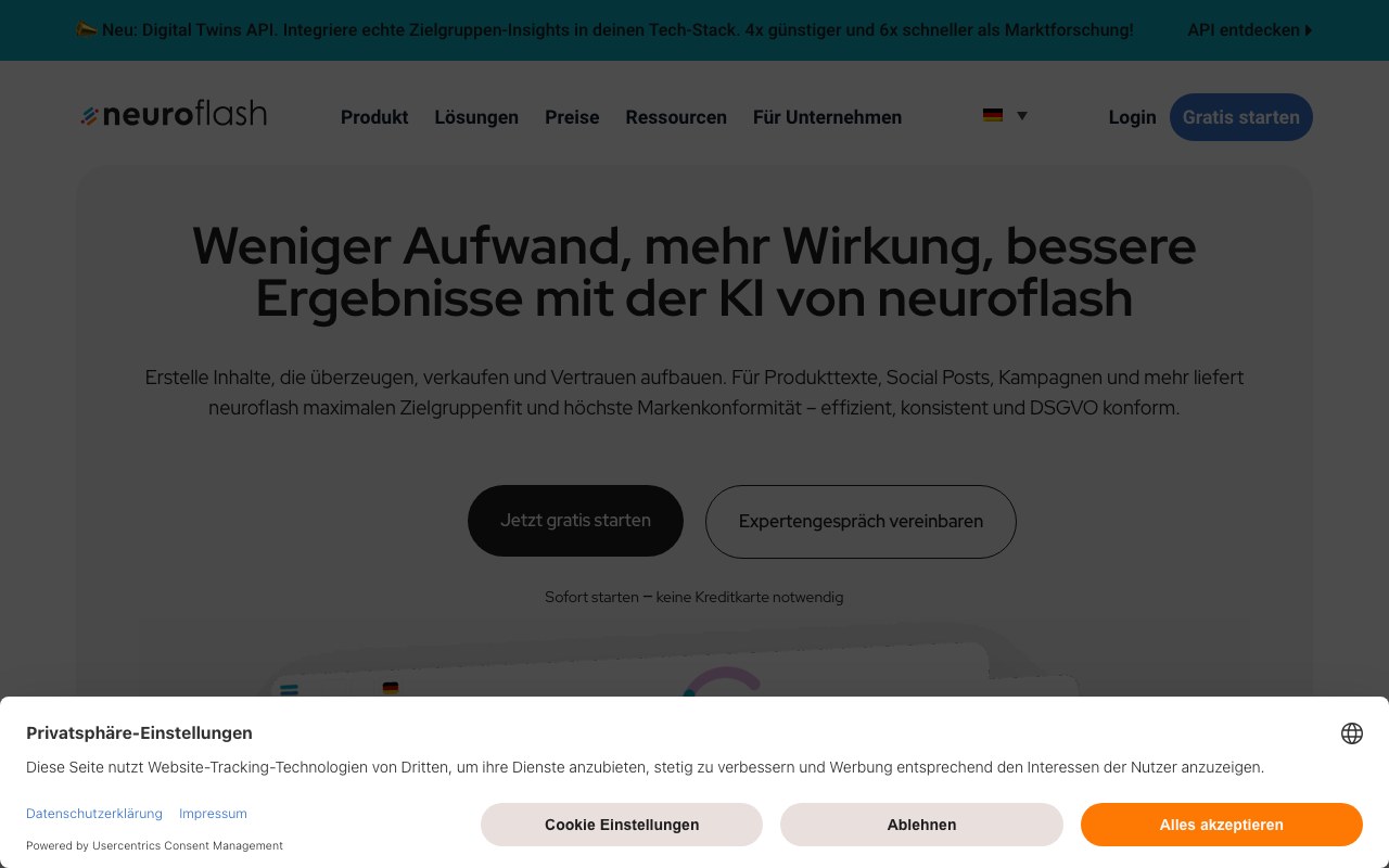 Screenshot der Neuroflash-Website