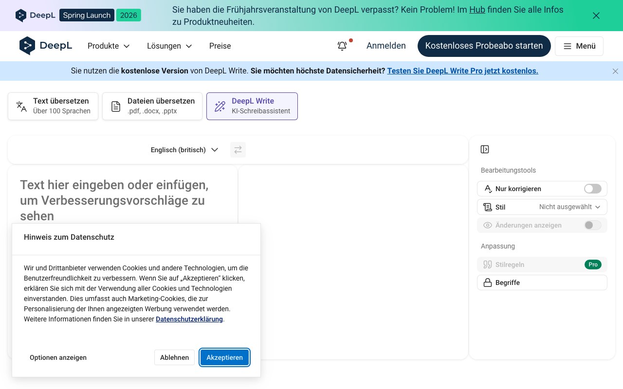 Screenshot der DeepL Write-Website