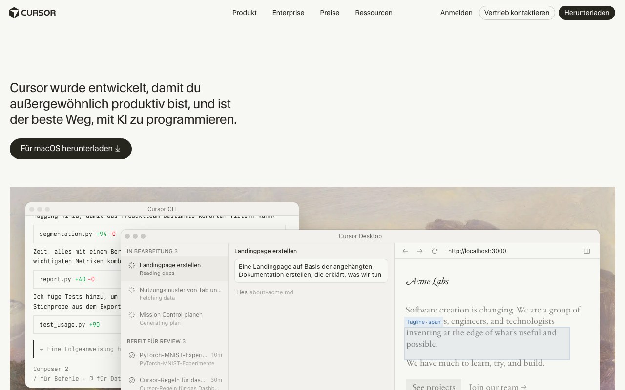 Screenshot der Cursor-Website