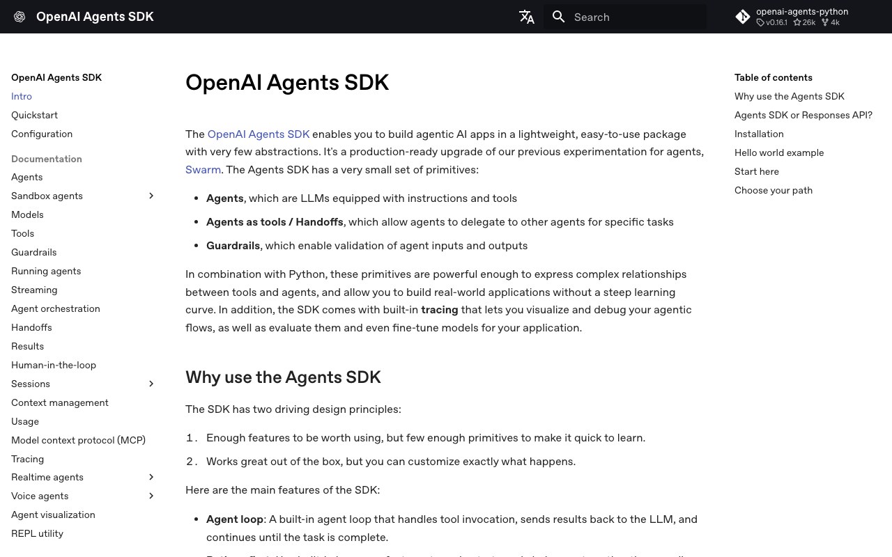 Screenshot der OpenAI Agents SDK-Website