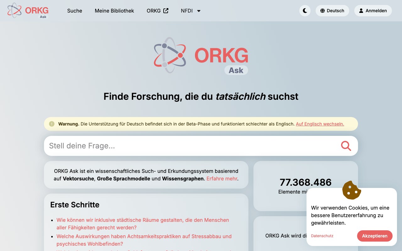 Screenshot der ORKG Ask-Website