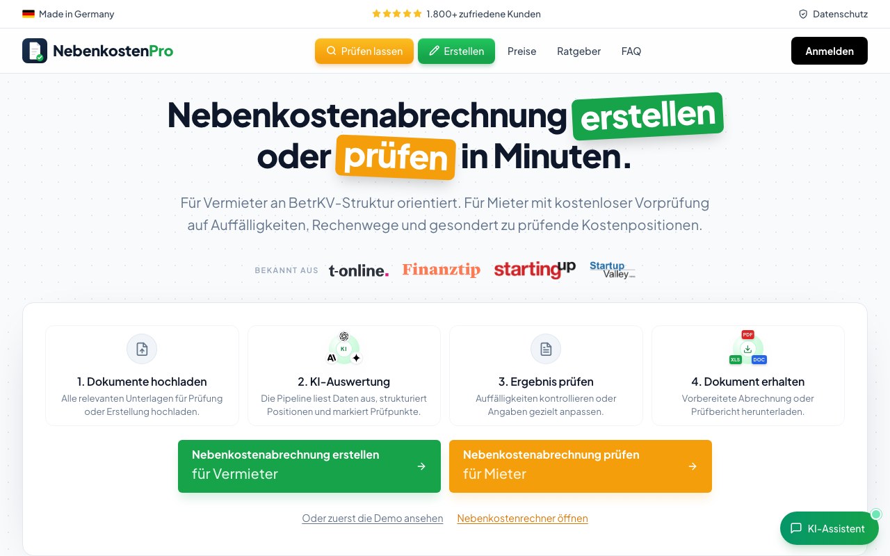 Screenshot der NebenkostenPro-Website