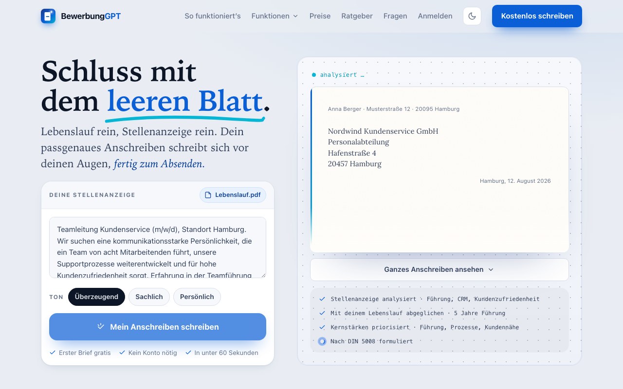 Screenshot der BewerbungGPT-Website