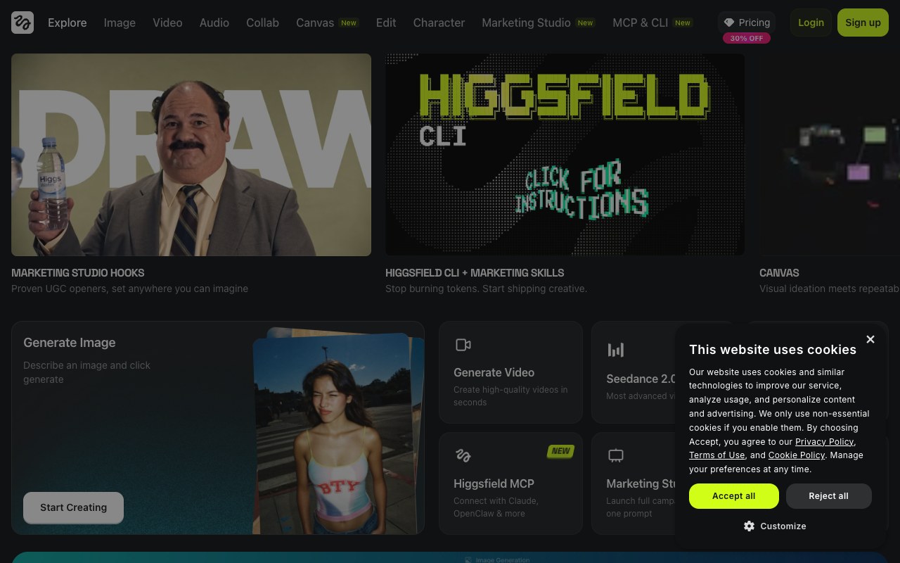 Screenshot der Higgsfield-Website